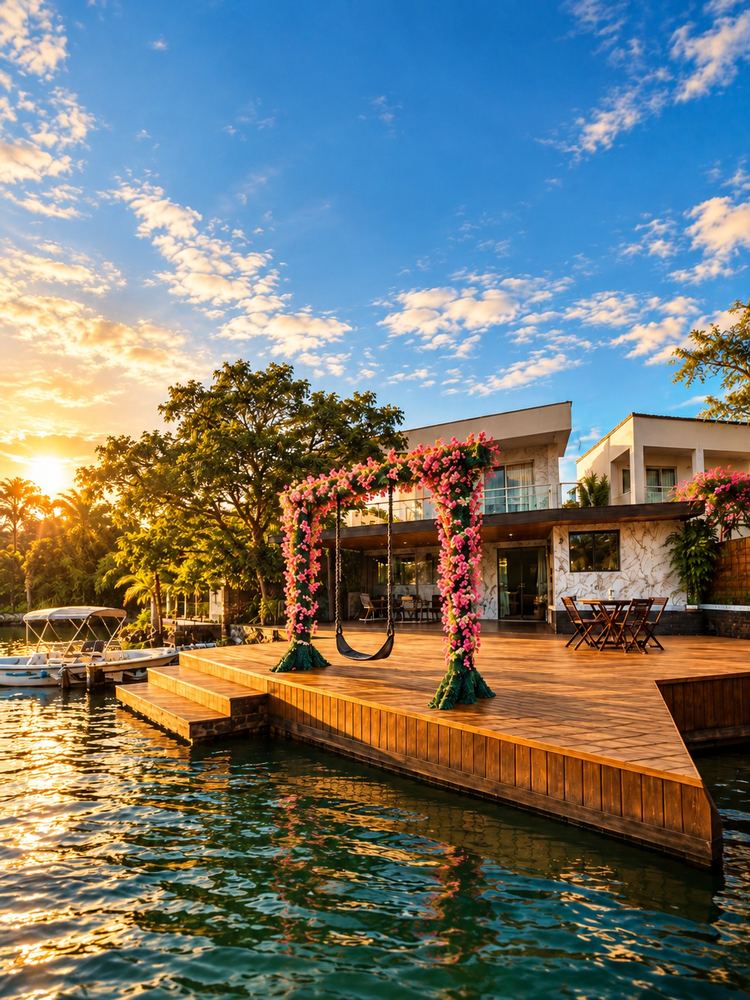 Pousada Ilha da Fantasia - deck con columpio de flores y piscina al atardecer