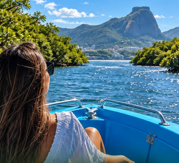 Pousada Ilha da Fantasia - paseo en barco por la laguna con la Pedra da Gávea al fondo
